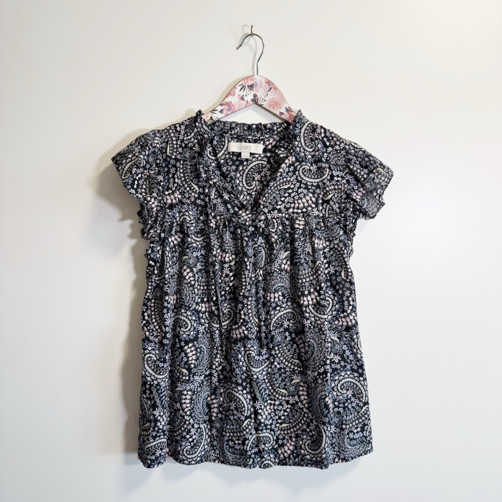 LOFT Midnight Blue Floral Flutter Sleeve Tie Blouse Top S Small